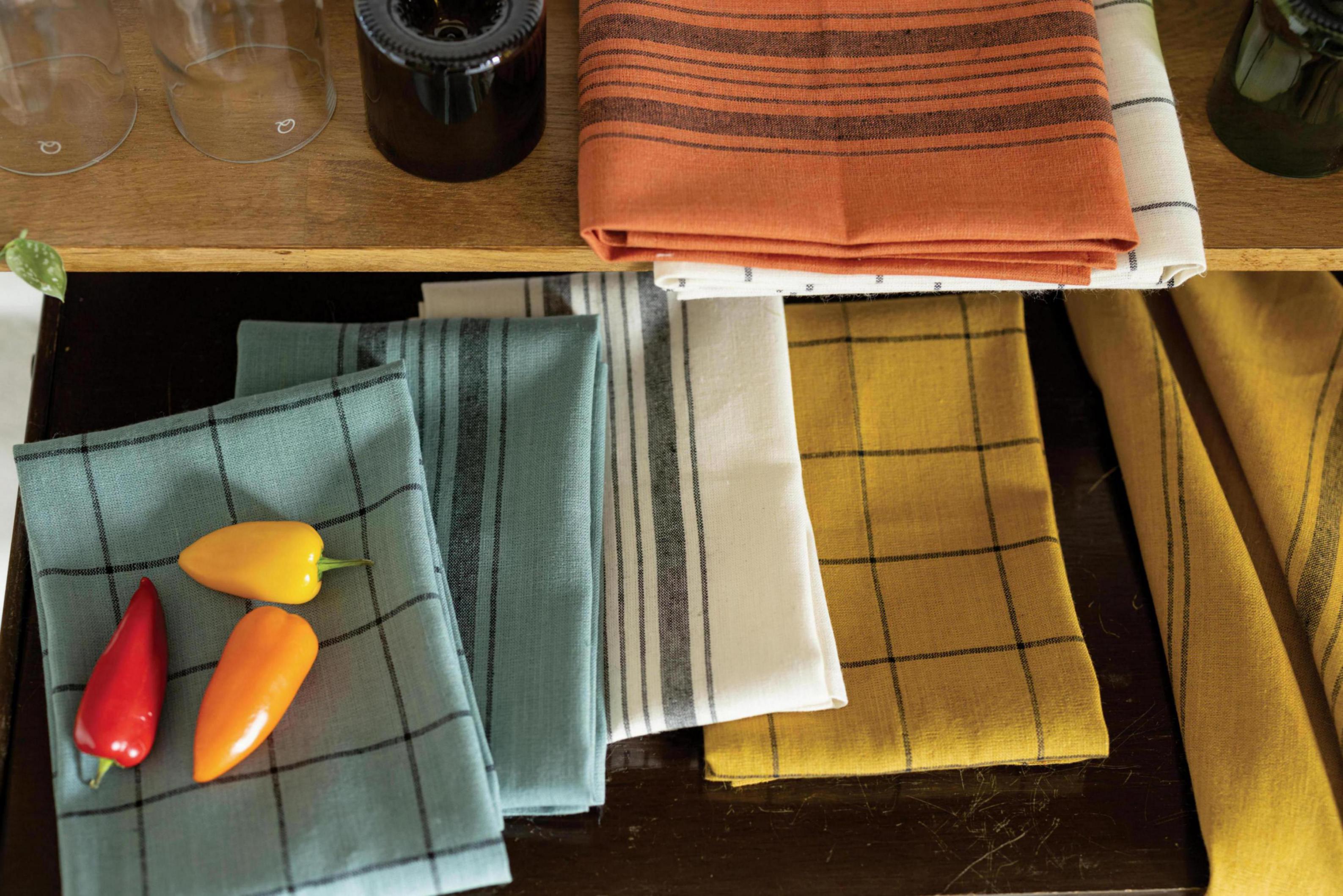 Katoenen en linnen theedoek met strepen Kilia Brique 50 X 70
