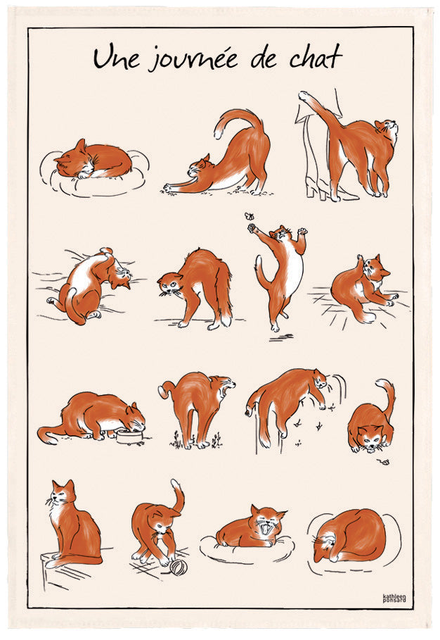 Gedrukt theedoek Journée de chat Écru 48 X 72