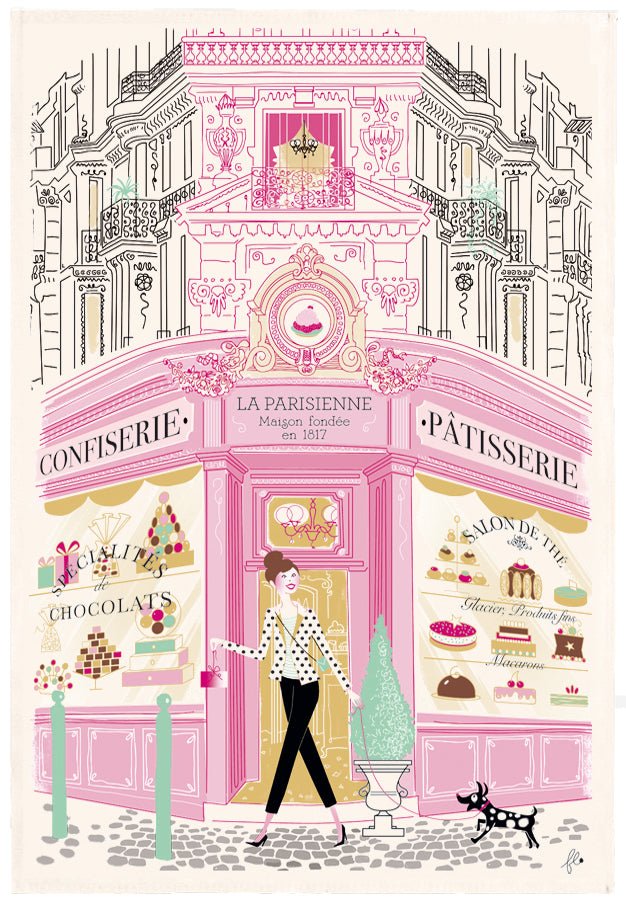 Gedrukt theedoek Façade patisserie Écru 48 X 72