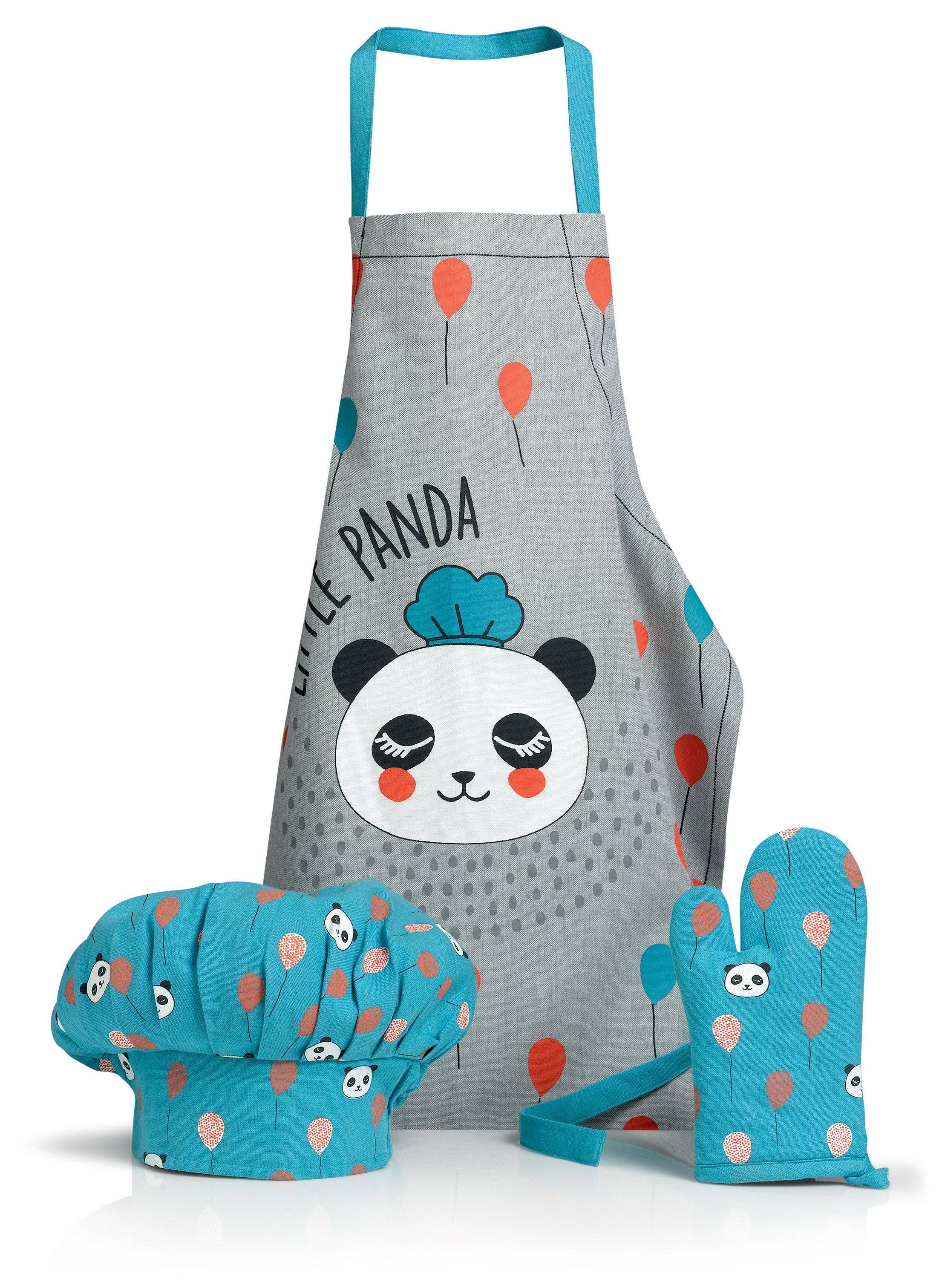 Set van Schort, Koksmuts en Ovenwant Panda Bleu clair/Gris 52 X 63