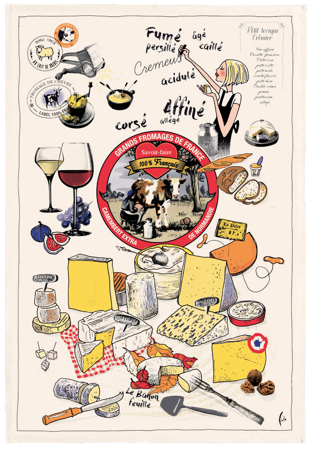 Theedoek bedrukt Les grands fromages Écru 48 X 72