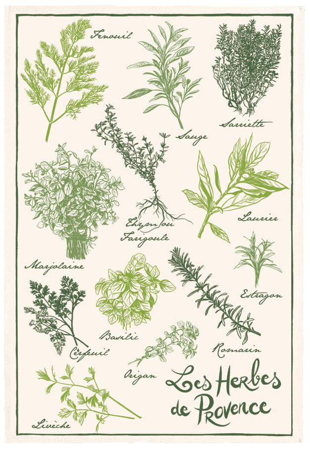 Gedrukt theedoek Les herbes de Provence Écru 48 X 72