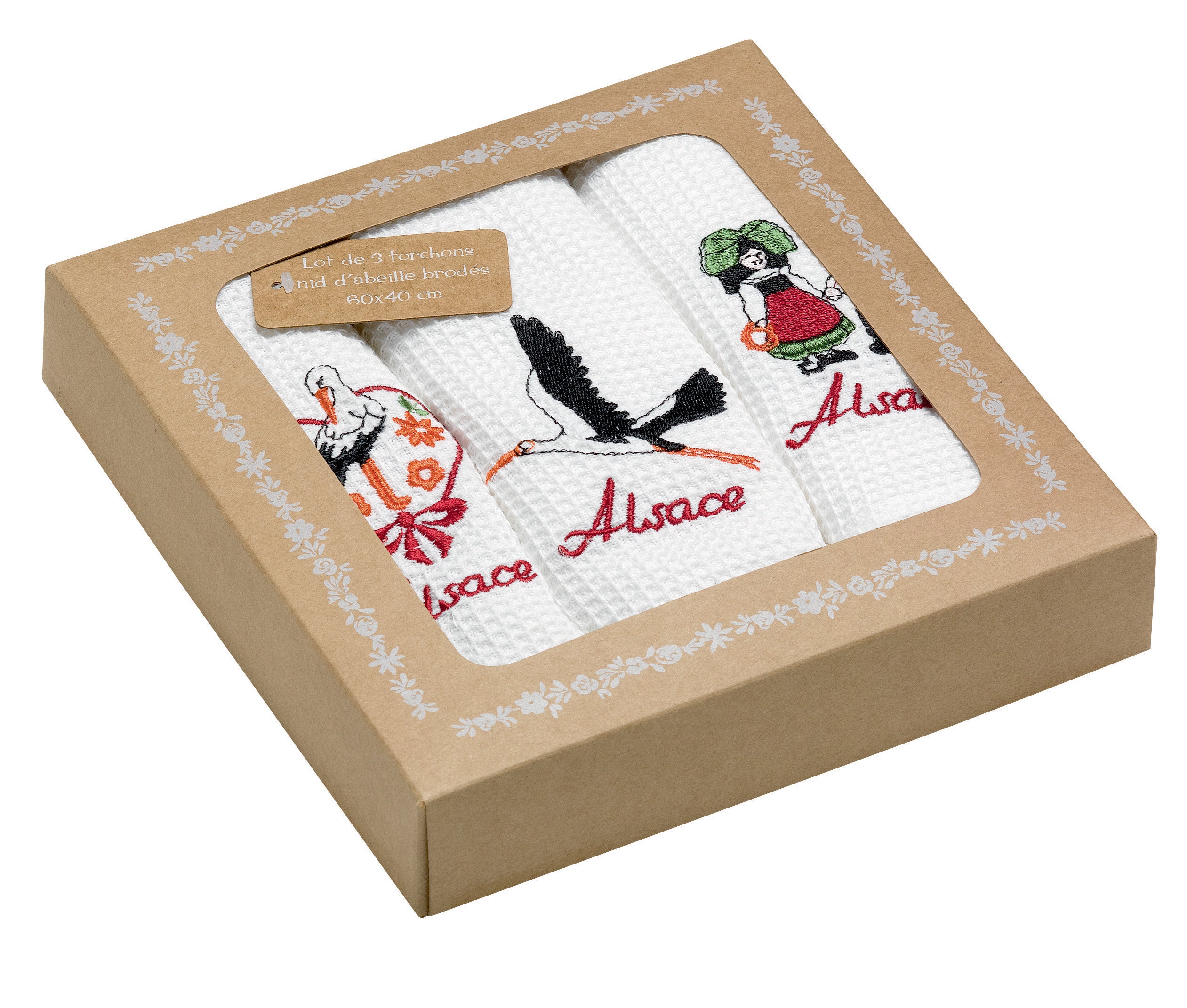 Set van 3 theedoeken in wafelstructuur Broderie Alsace Blanc 40 X 60