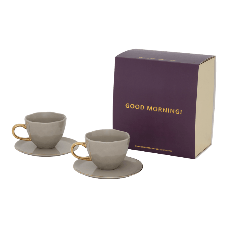 Good Morning Kopje Cappuccino/Tea and bord graymorn, set of 4, in geschenkverpakking