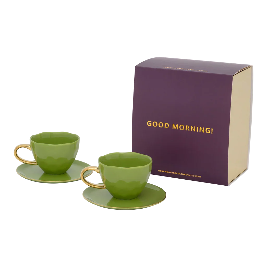 Urban Nature Culture | Good Morning Kopje Cappuccino/Tea en bord evergreen sprig, set van 4, in geschenkverpakking
