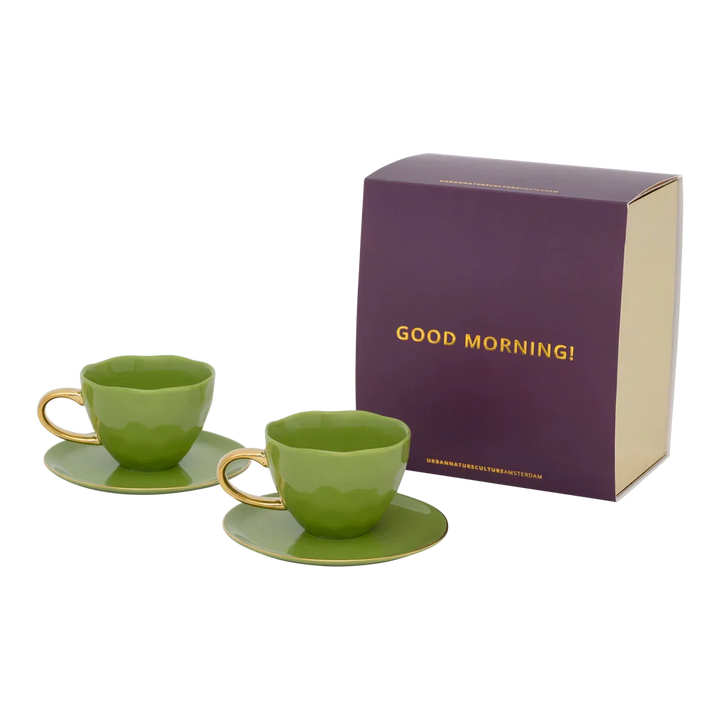 Urban Nature Culture | Good Morning Kopje Cappuccino/Tea en bord evergreen sprig, set van 4, in geschenkverpakking