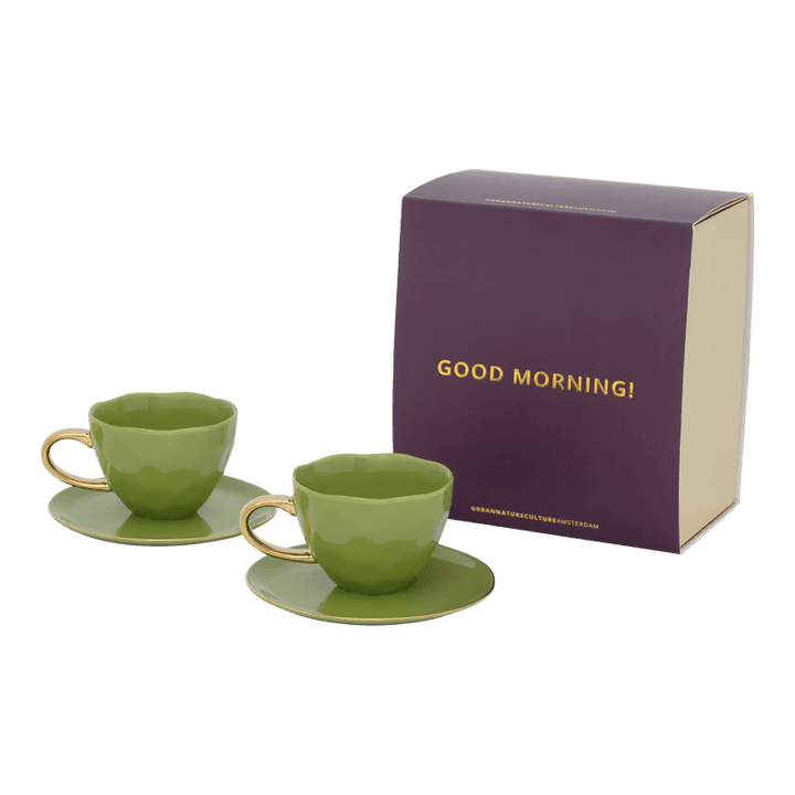 Urban Nature Culture | Good Morning Kopje Cappuccino/Tea en bord evergreen sprig, set van 4, in geschenkverpakking