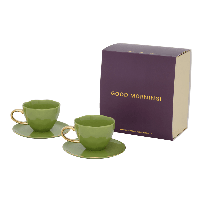 Good Morning Kopje Cappuccino/Tea and bord evergreen sprig, set of 4, in geschenkverpakking