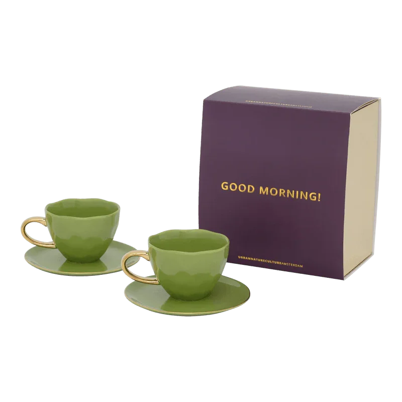 Urban Nature Culture | Good Morning Kopje Cappuccino/Tea and bord evergreen sprig, set of 4, in geschenkverpakking