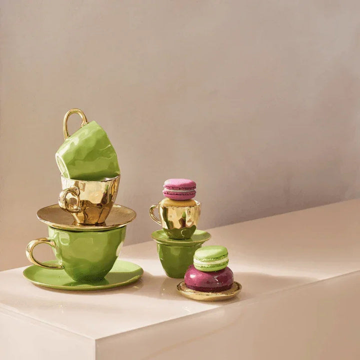 Urban Nature Culture | Good Morning Kopje Cappuccino/Tea en bord evergreen sprig, set van 4, in geschenkverpakking