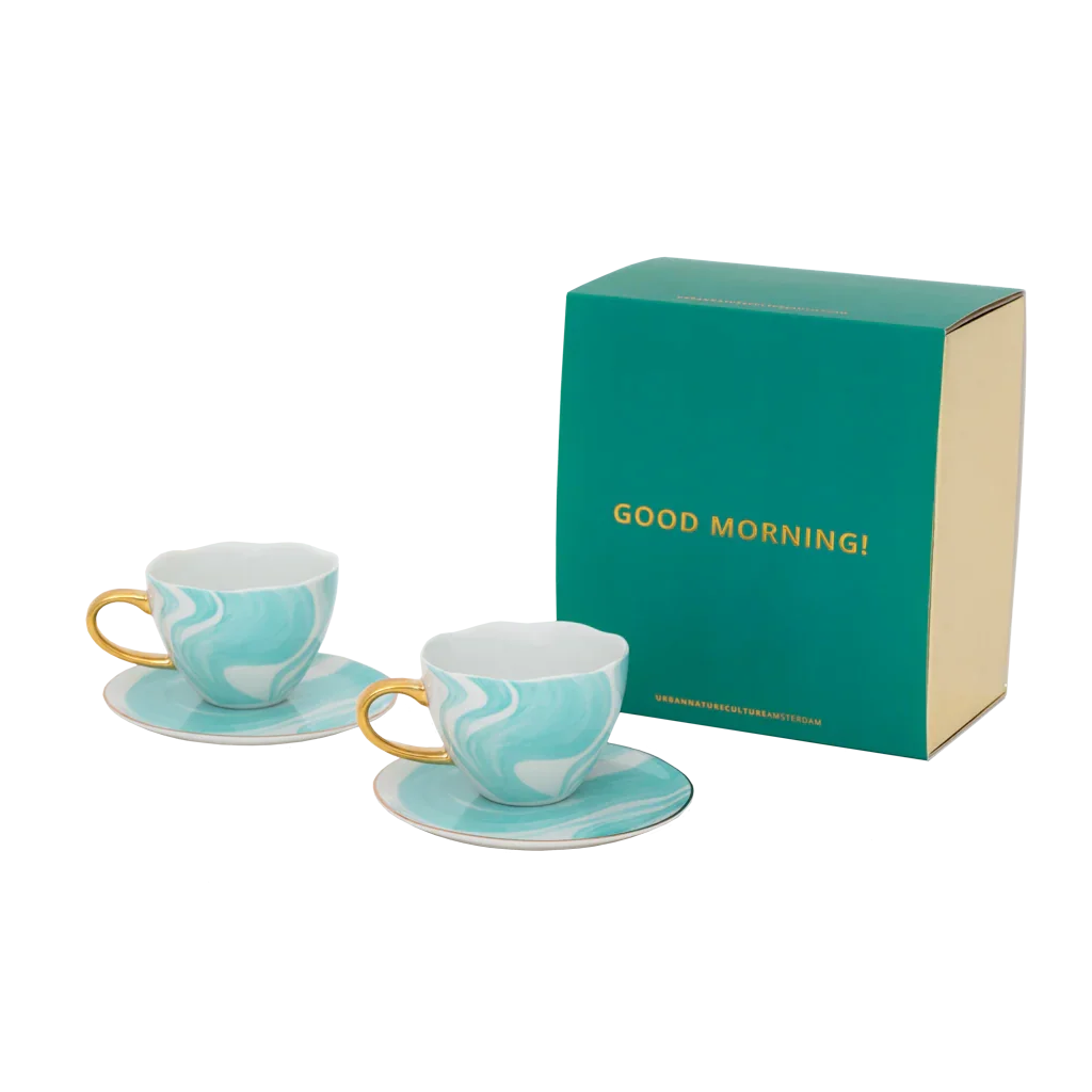 Urban Nature Culture | Good Morning Kopje Cappuccino/Tea en bord Valuri emerald green, set van 4, in geschenkverpakking