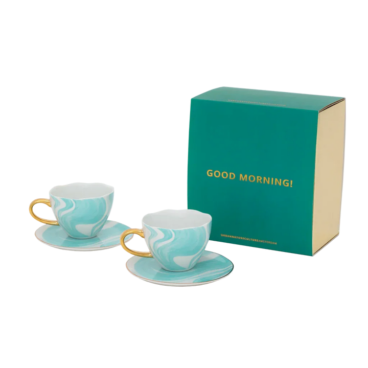 Urban Nature Culture | Good Morning Kopje Cappuccino/Tea en bord Valuri emerald green, set van 4, in geschenkverpakking