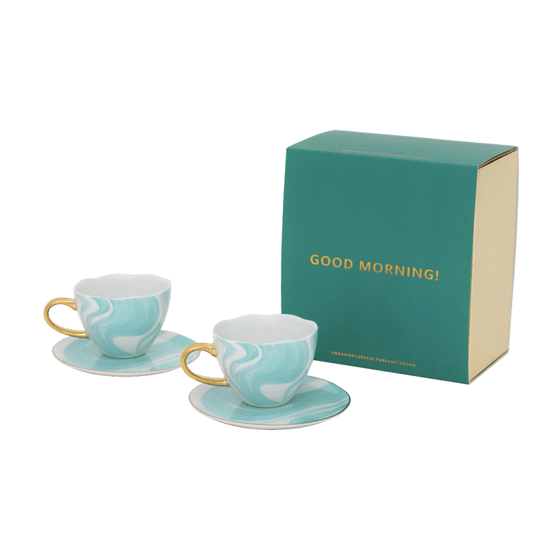 Good Morning Kopje Cappuccino/Tea and bord Valuri emerald green, set of 4, in geschenkverpakking