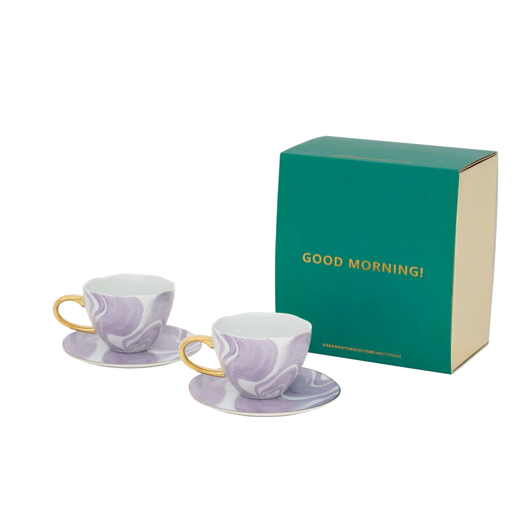 Urban Nature Culture | Good Morning Kopje Cappuccino/Tea en bord Valuri violet, set van 4, in geschenkverpakking