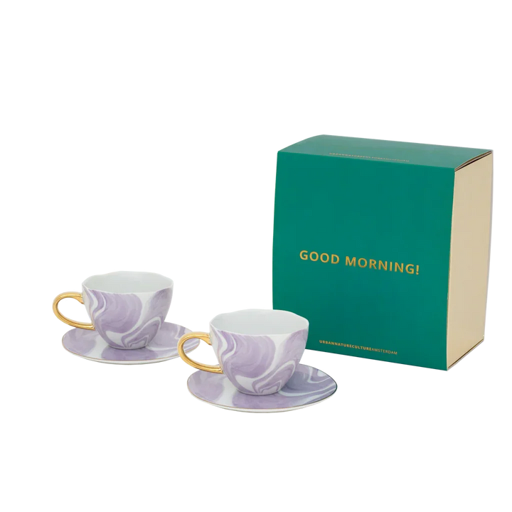 Urban Nature Culture | Good Morning Kopje Cappuccino/Tea en bord Valuri violet, set van 4, in geschenkverpakking
