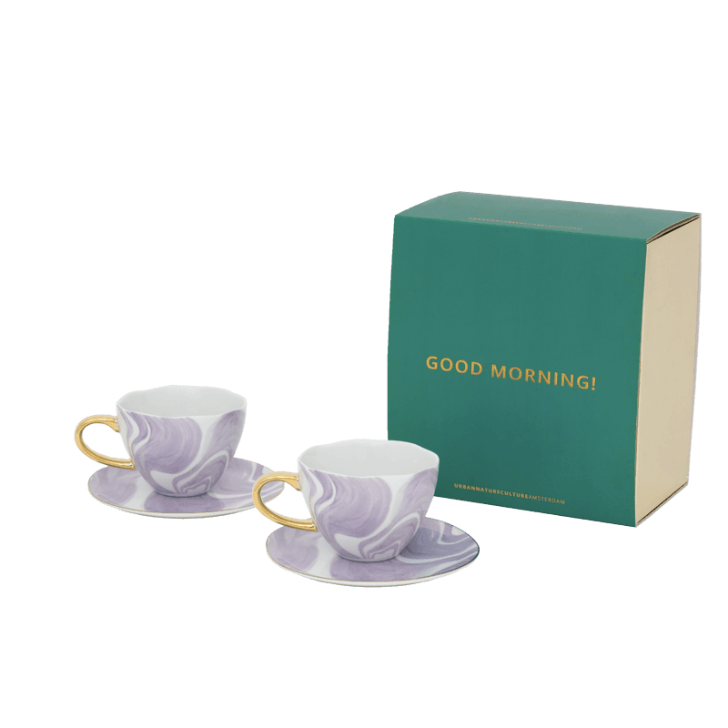 Good Morning Kopje Cappuccino/Tea and bord Valuri violet, set of 4, in geschenkverpakking