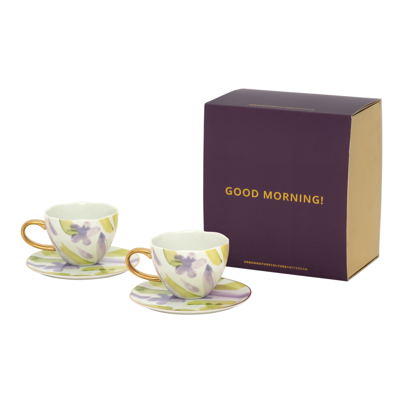 Good Morning kopje Cappuccino/Tea en bord liatris/Kusha, set van 4, in cadeauverpakking