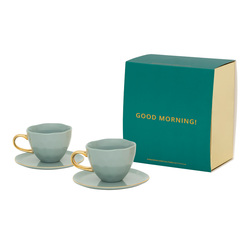 Good Morning kopje Cappuccino/Tea en bord Papaya/slate, set van 4, in cadeauverpakking
