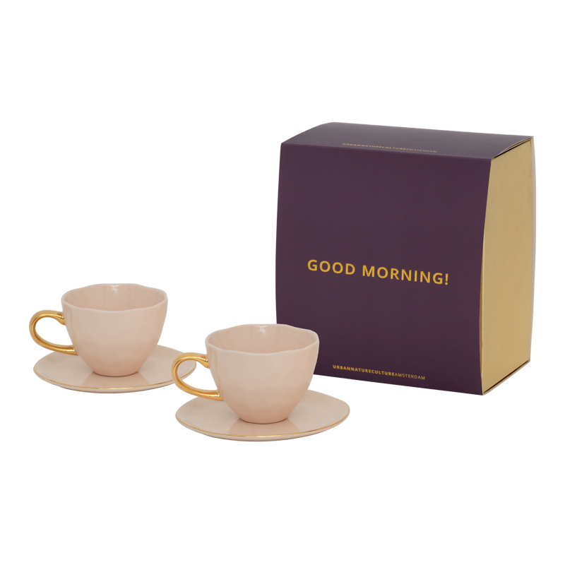 Good Morning kopje Cappuccino/Tea en bord Papaya/Old Pink, set van 4, in cadeauverpakking