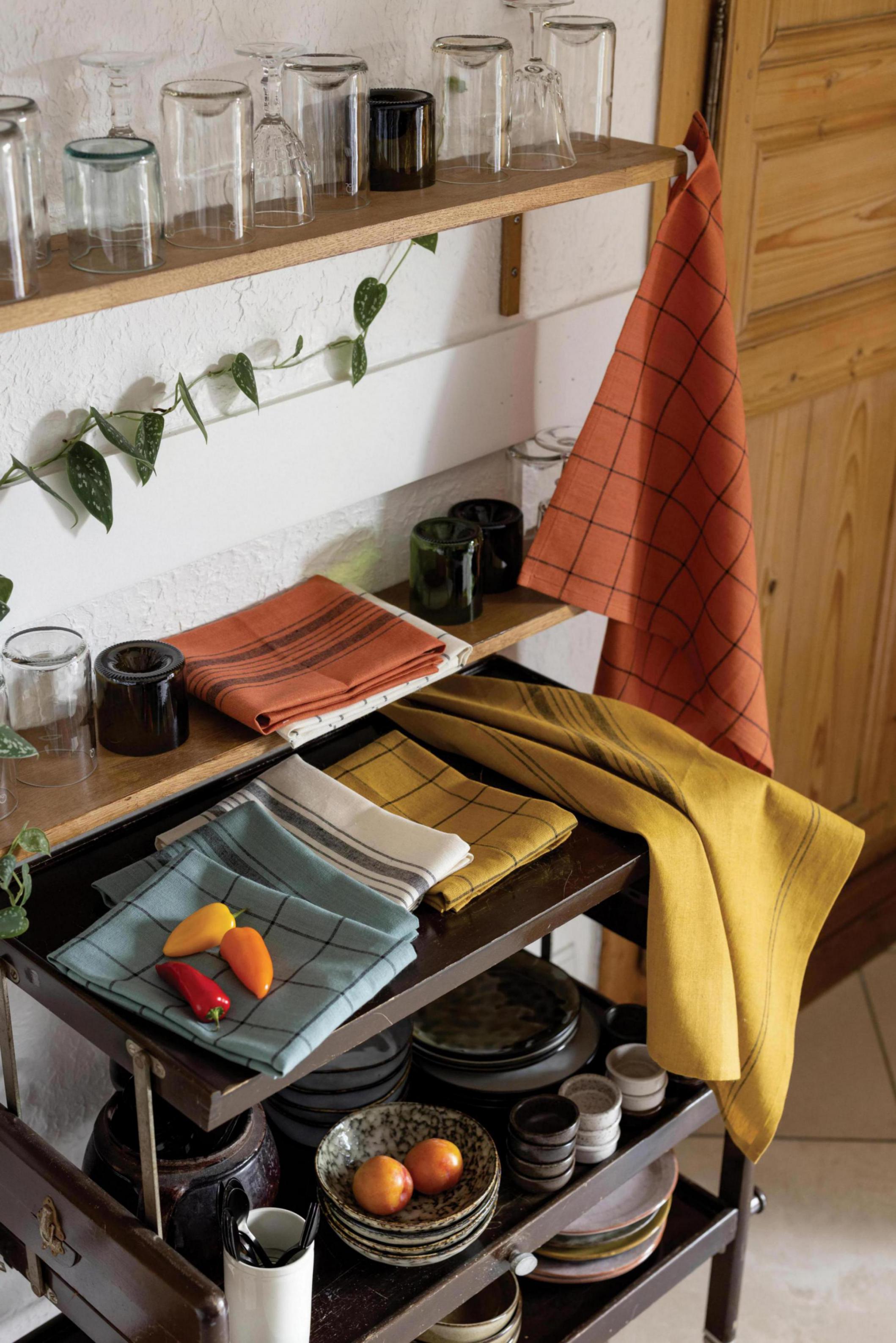 Katoenen en linnen theedoek met strepen Kilia Brique 50 X 70