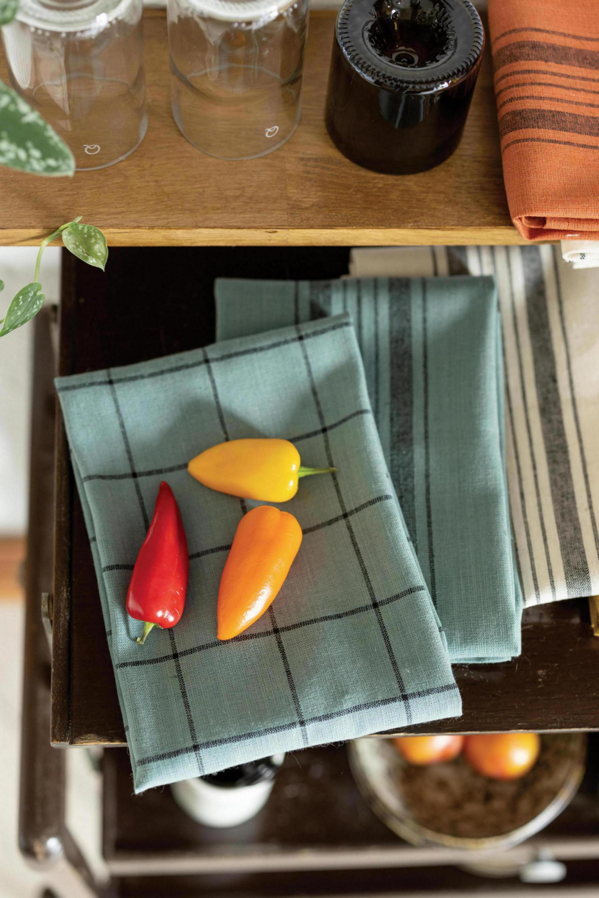 Katoenen en linnen theedoek met ruitjes Kilia Vert de gris 50 X 70