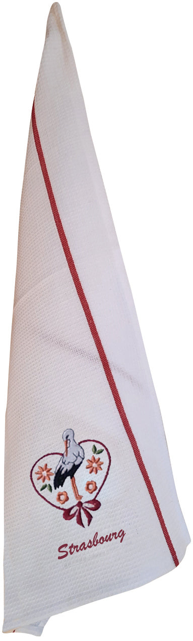 Gerecycleerde wafeldoek theedoek Cigogne fleurs Strasbourg Blanc/Rouge 50 X 70