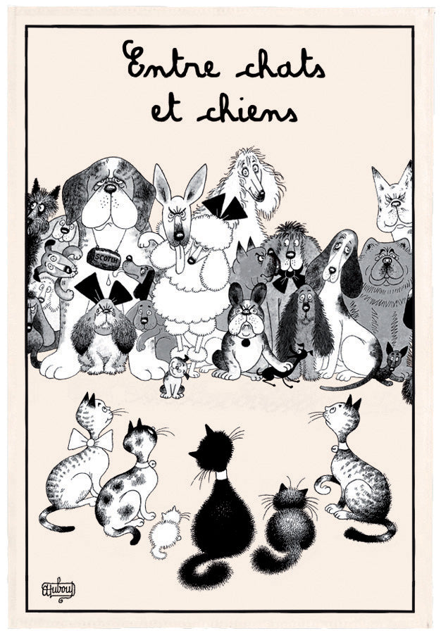 Theedoek Dubout Entre chats et chiens Écru 48 X 72