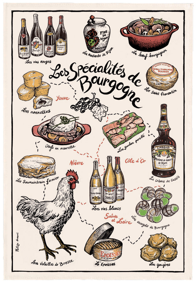 Theedoek bedrukt Spécifialités de Bourgogne Écru 48 X 72