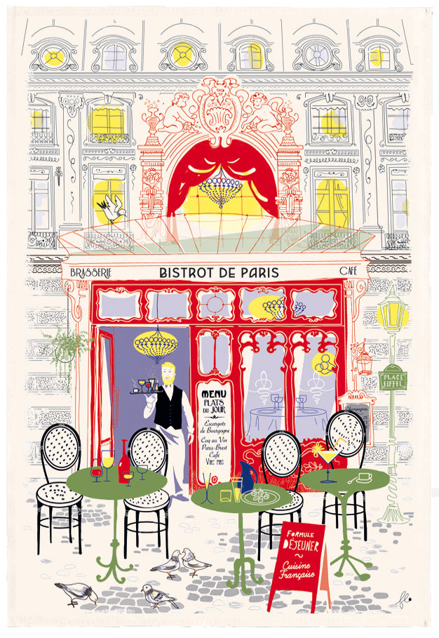 Theedoek bedrukt Façade bistrot Écru 48 X 72