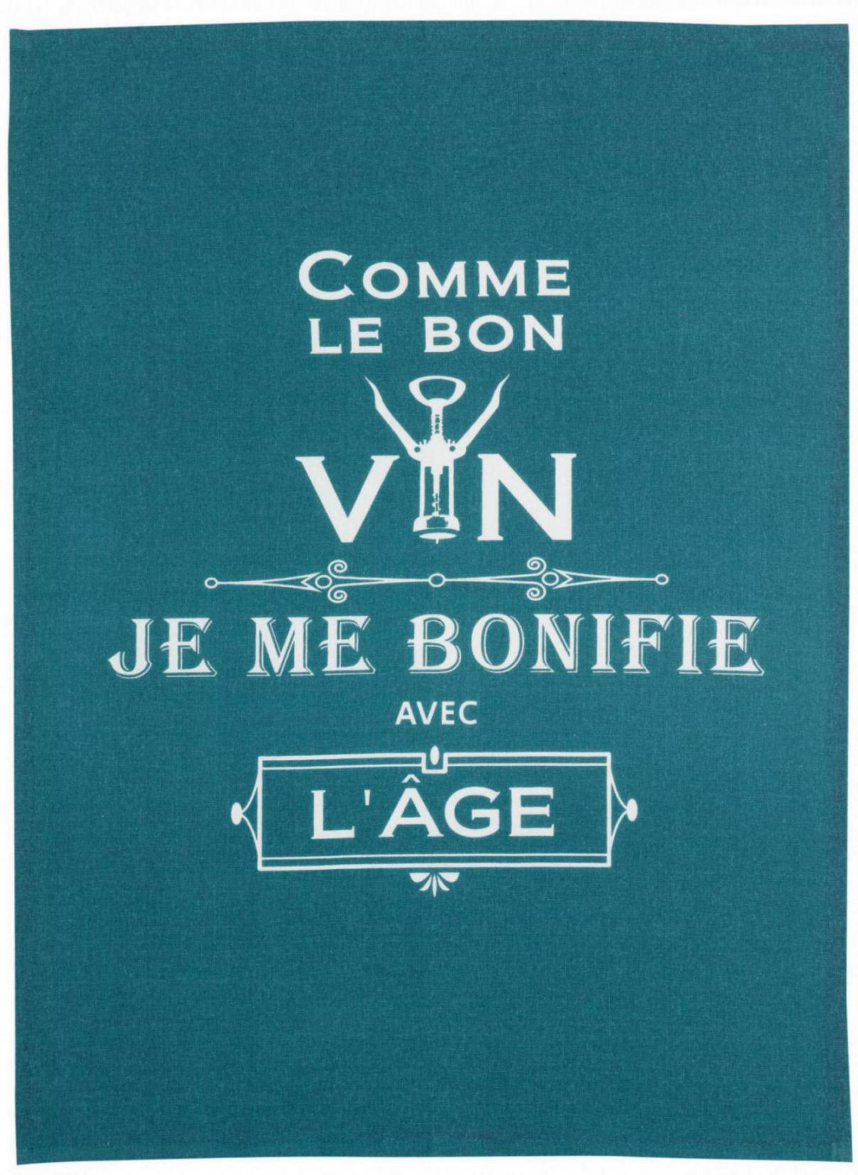 Theedoek Message Comme le bon vin Paon 70 X 50