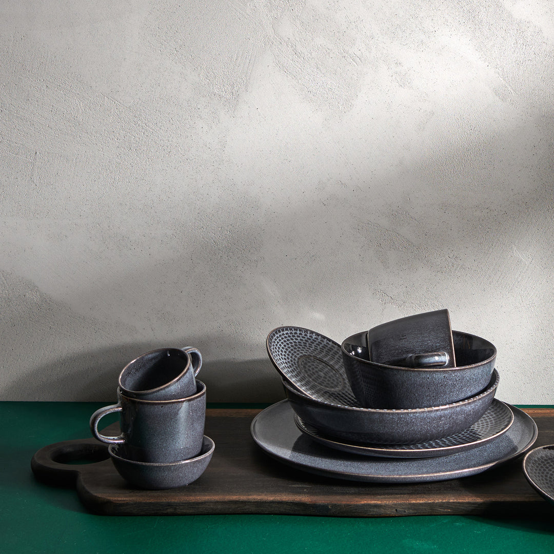 Salt &amp; Pepper - Mokkakop 9cl en schotel grijs Stitch - Set van 4